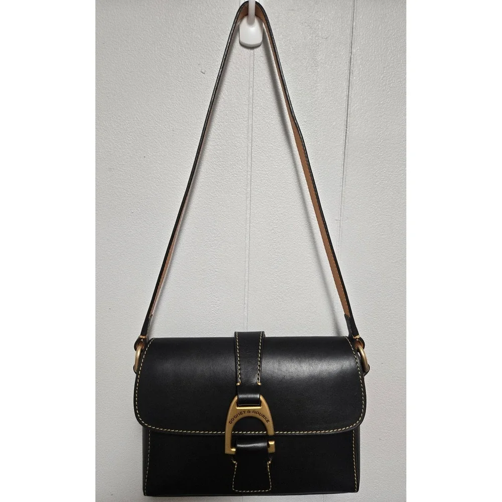 Dooney & Bourke Black Leather Equestrian Bag Gold Buckle Contrast Stitch